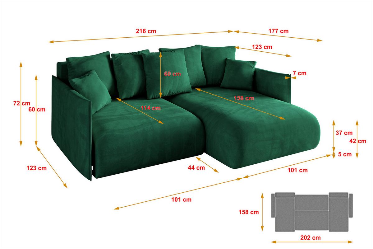 ECKSOFA Ottomane rechts ONESK-L 216x177x72 Dunkelgrün Velours - Dunkelgrün, Holzwerkstoff/Kunststoff (177/216cm) - ALTDECOR