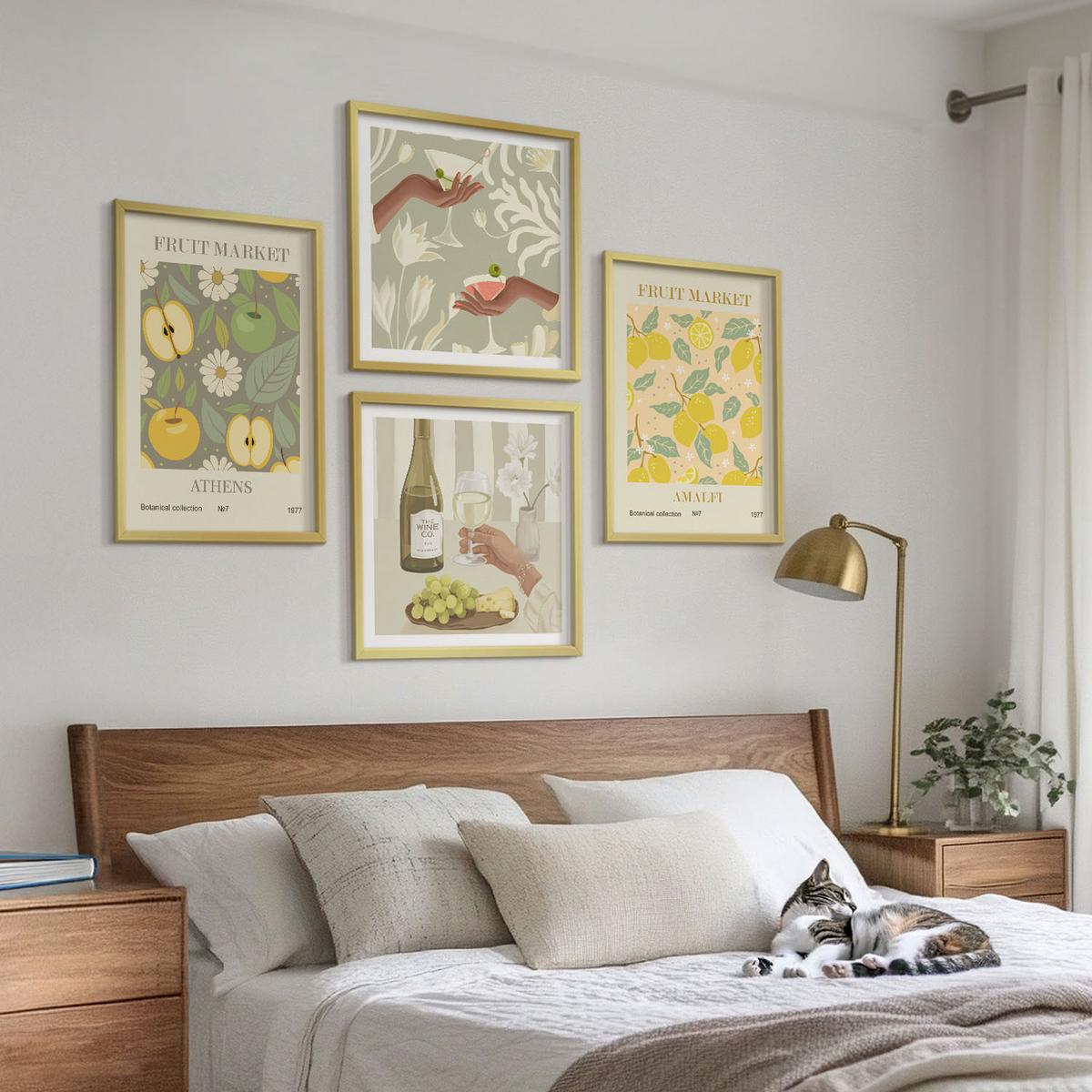 BILDER SET 4er Set - 50x50 cm & 40x60 cm Goldrahmen - Fruchtige Muster italienischer Wein - Goldfarben, Kunststoff (50/50cm) - TULUP