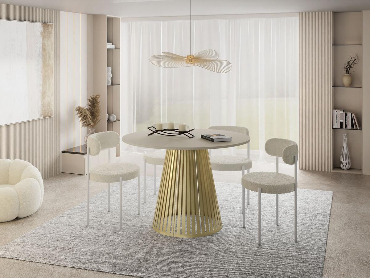 ESSTISCH Naro rund ausziehbar mit Goldenem Lamellen-Metallgestell, Beige Kaschmir 100-180/100/76 cm - Kaschmir/Beige, Holzwerkstoff/Metall (100/176/76cm) - WFL GROUP