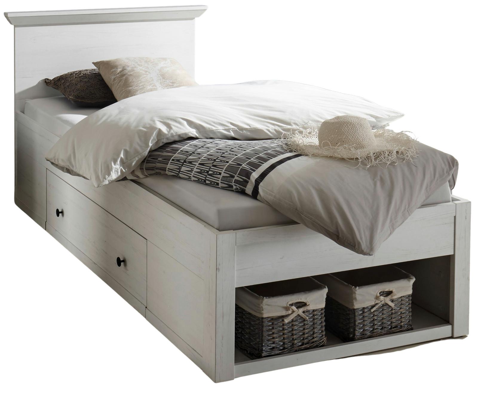 BETT Pinie weiß Liegefläche 90 x 200 cm, Stauraumbett mit Bettschubkasten - Schwarz/Weiß, Holzwerkstoff/Kunststoff (90/200cm) - Furn.Design