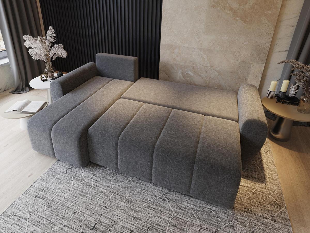 ECKSOFA MADISON Hellgrau Plüsch-Stoff mit Schlaffunktion - Hellgrau/Schwarz, Holz/Kunststoff (246/143cm) - MASSENO