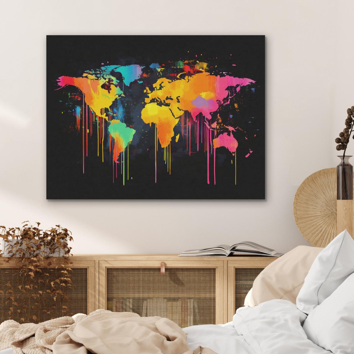 AKUSTIKBILD Weltkarte - Farbe - Bunt - Graffiti - Welt Gemälde 80x60 cm - Multicolor, Textil (80/60/0.9cm) - MuchoWow