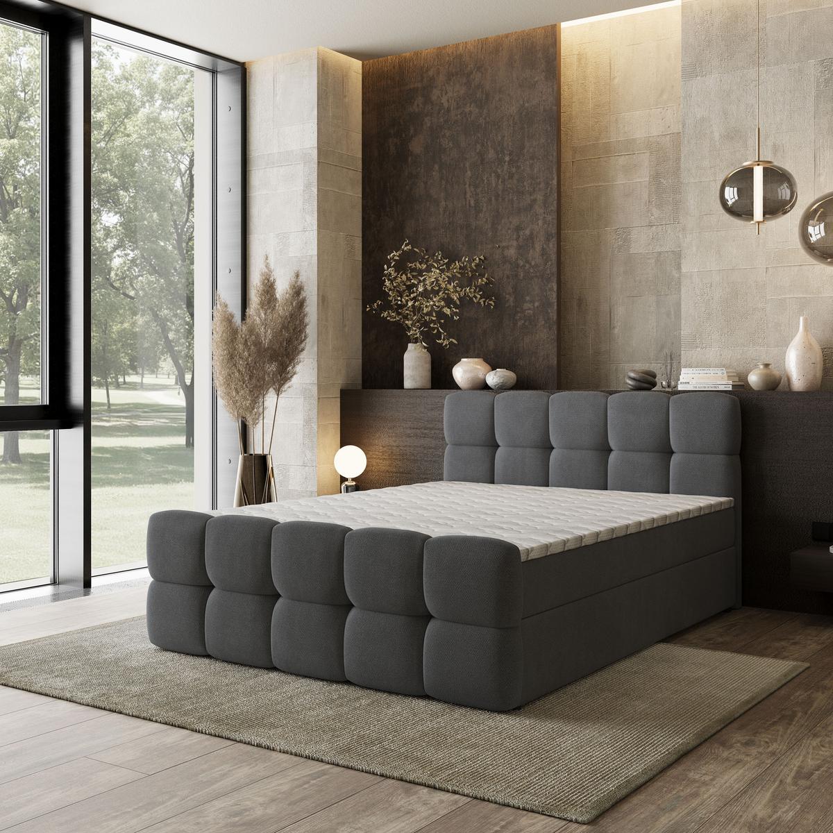 BOXBETT BRUME 200x200 cm mit Matratze und Topper, H2+H3 - Graphitfarben - Graphitfarben, Holz (200/200cm) - MASSENO