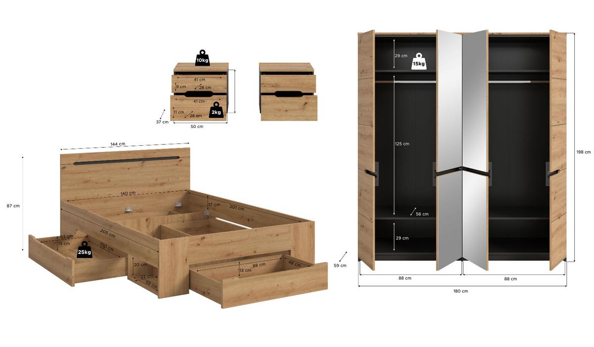 SCHLAFZIMMER Eiche Artisan, grau 4-teilig, Komplettset mit viel Stauraum - Eiche Artisan/Grau, Glas/Holzwerkstoff - Inn.Furn