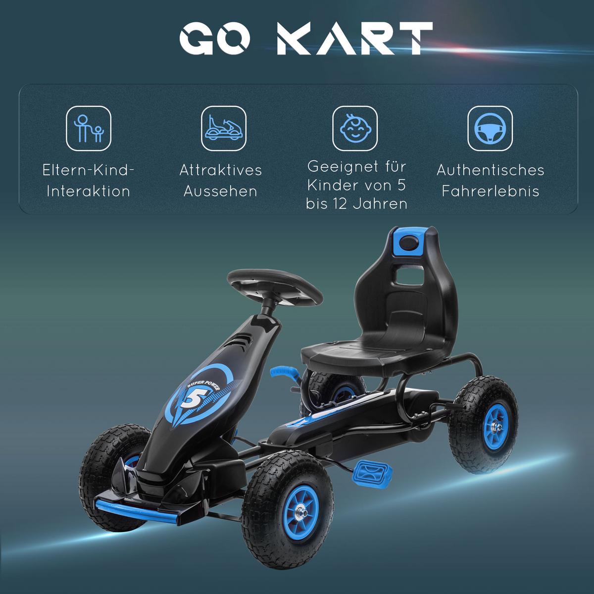 GOKART, Kinderfahrzeug mit verstellbarem Schalensitz, Tretauto, Grün+Schwarz - Blau, Metall (121/58/61cm) - HOMCOM