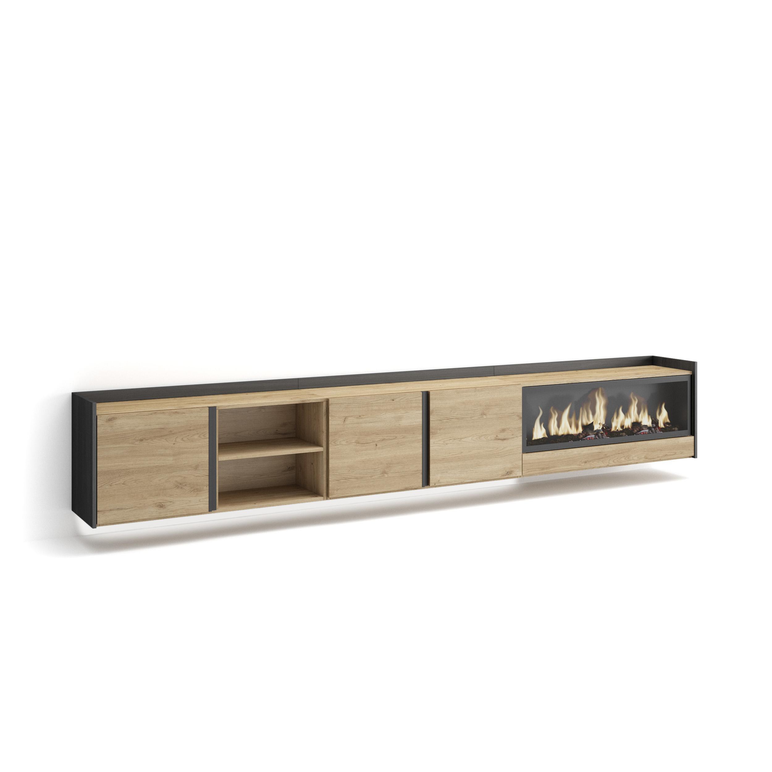 LOWBOARD, Eiche und Schwarz, 315/35/50cm, Kamin mit Feuereffekt XXL - Eichefarben, Holzwerkstoff (315/50/35cm) - Skraut Home