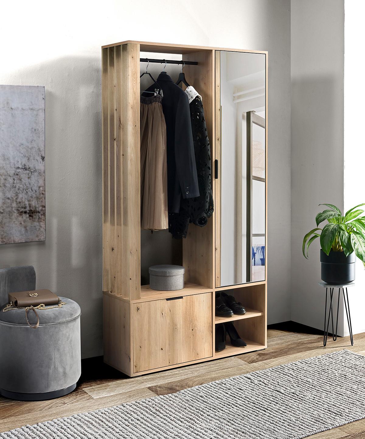 GARDEROBENSCHRANK Milanoir Eiche Artisan 100/189,4/33 cm - Modern mit Spiegel - Hellbraun, Holzwerkstoff/Kunststoff (100/189.4/33cm) - AX Living