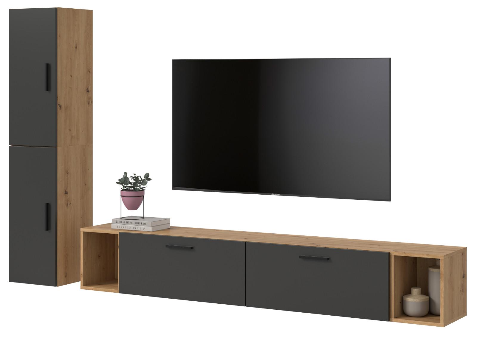 WOHNWAND grau, Eiche Artisan 249 x 184 cm, Wohnkombination hängend / stehend - Schwarz/Eiche Artisan, Holzwerkstoff/Kunststoff (249/184/34cm) - Inn.Furn