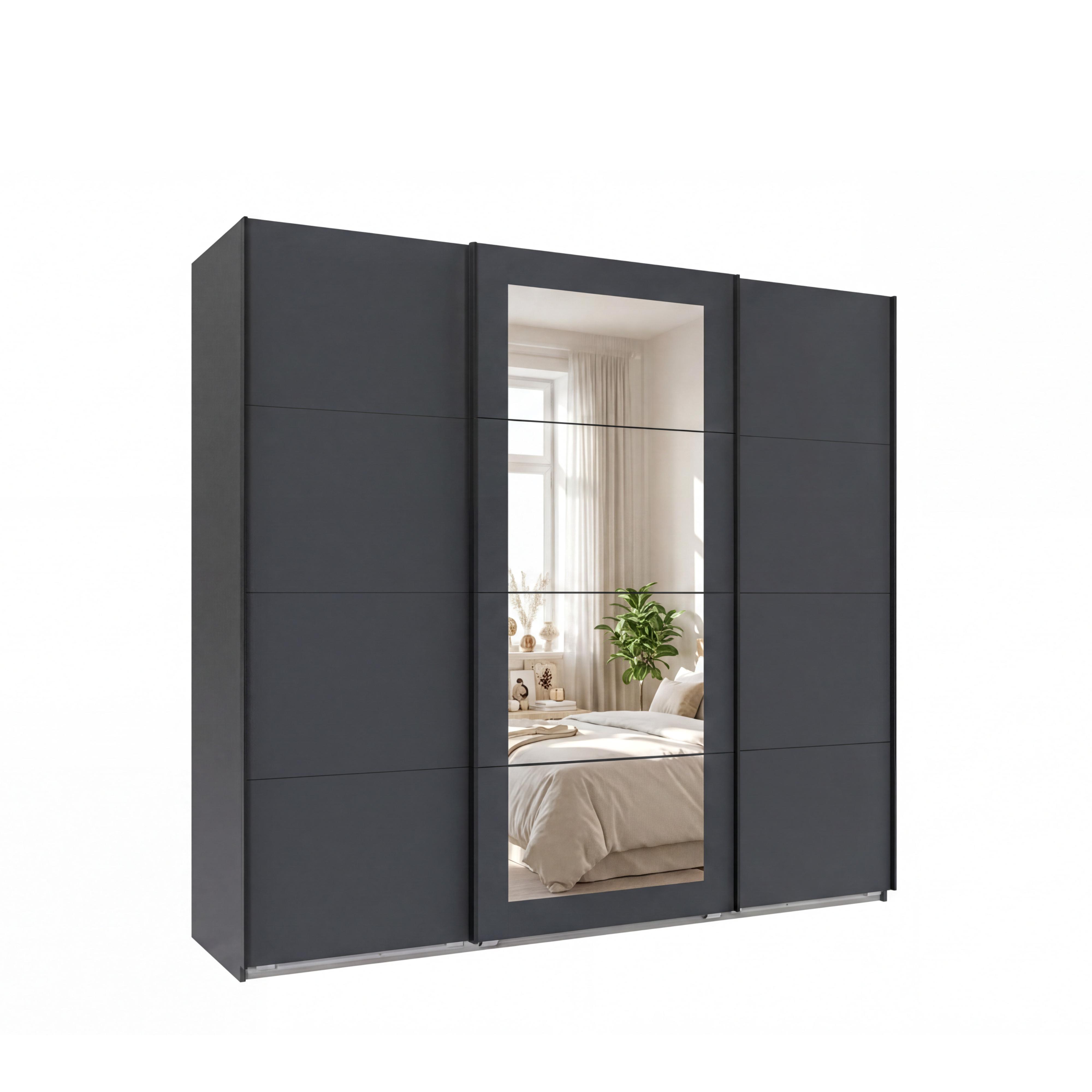 SCHWEBETÜRENSCHRANK 3-türig B225/H208/64 cm Kleiderschrank in Grafit, mittig Spiegel, Griffe Schwarz / 22627 - Graphitfarben/Schwarz, Holzwerkstoff/Metall (225/208/64cm) - luma-home