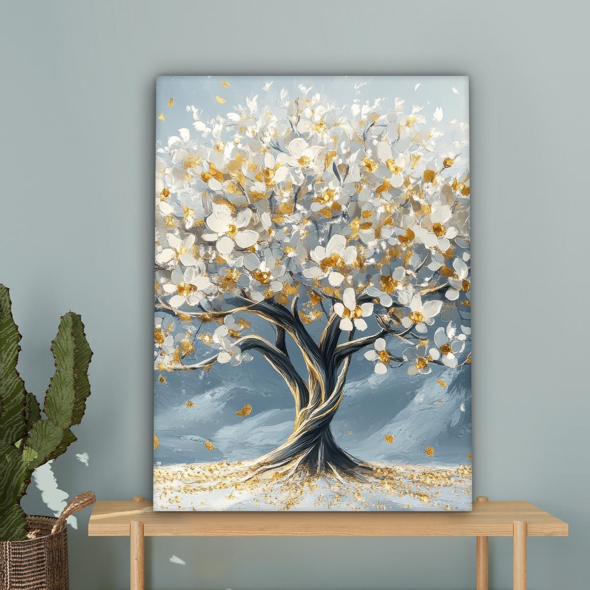 LEINWANDBILD Baum - Winter - Baum des Lebens - Modern - Gold Wandbild Wohnzimmer 60x80 cm - Goldfarben, Textil (60/80cm) - MuchoWow