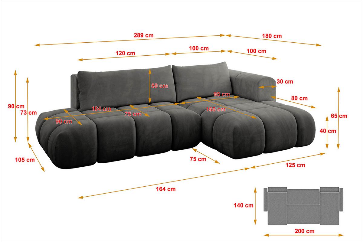 ECKSOFA Ottomane Rechts CLOUD-L 280x185x90 Dunkelgrau Velours - Dunkelgrau, Holzwerkstoff/Kunststoff (185/280cm) - ALTDECOR