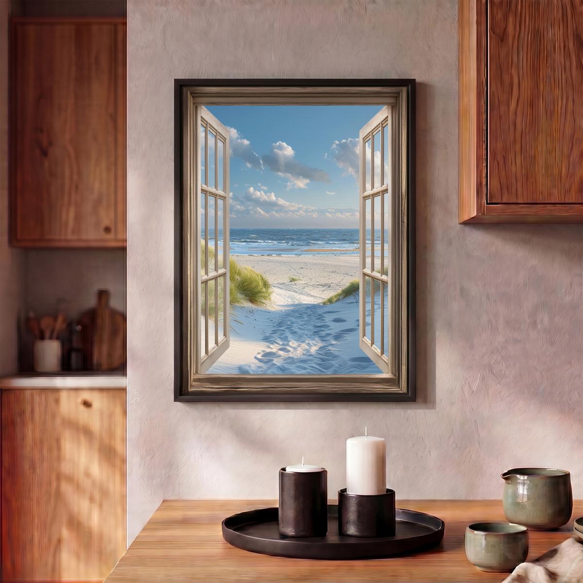 LEINWAND Bilder mit Rahmen - Aussicht - Strand - Fenster - Dünen - Meer - 30x40 - Hellblau, Textil (30/40cm) - MuchoWow