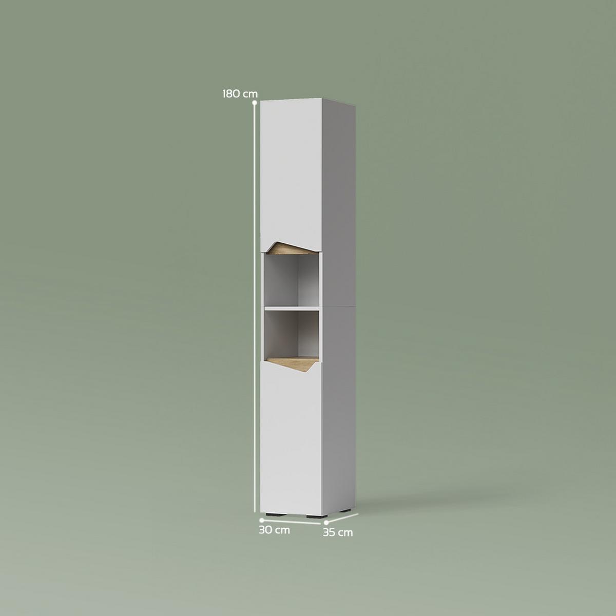 BADSCHRANK Timavo Weiß 30 x 180 cm mit Türen, und offenen Fächern - Weiß, Holzwerkstoff (30/180/35cm) - Livinity®