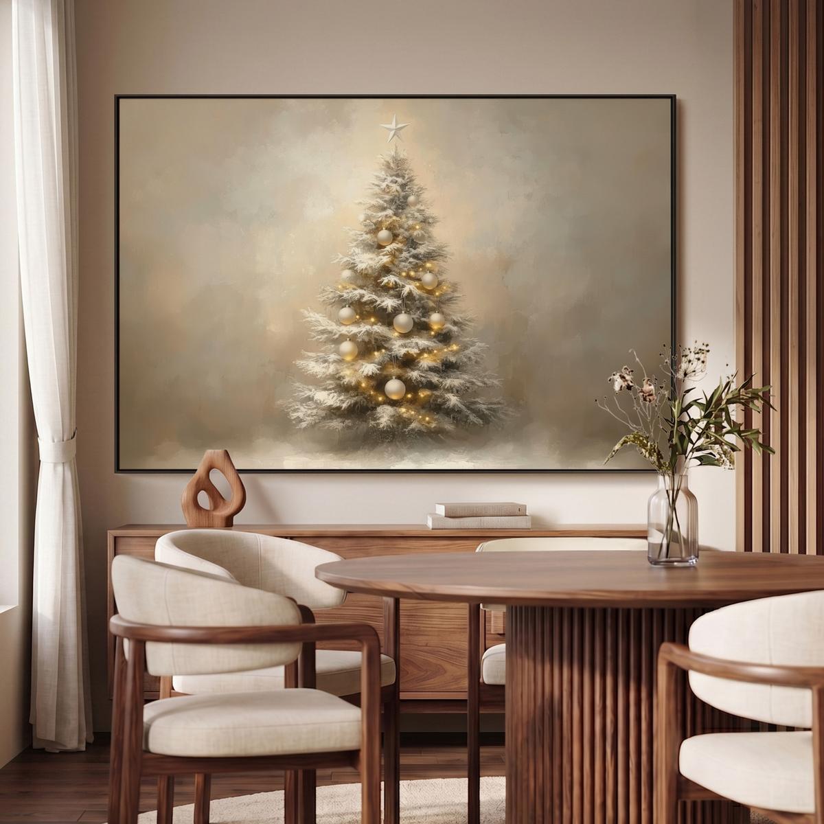 LEINWAND Bilder mit Rahmen - Weihnachten - Weihnachtsbaum - Schnee - Kunst - 120x80 - Champagner, Textil (120/80cm) - MuchoWow