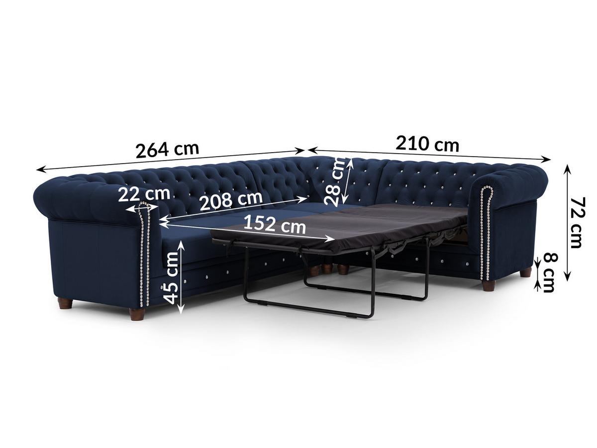 ECKSOFA mit Schlaffunktion Chesterfield Marineblau Samt mit Kristallsteppung und braunen Massivholzfüßen - Ottomane Rechts - Blau/Braun, Holz/Textil (264/210cm) - S-Style Möbel