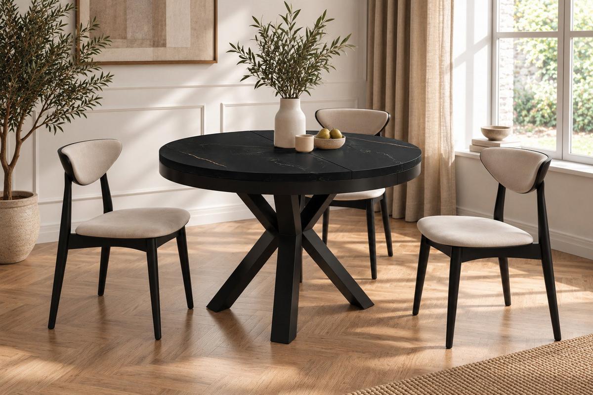 ESSTISCH Clara runder ausziehbarer, Marmor Schwarz Kupfer 100-180/100/76 cm - Schwarz/Kupferfarben, Holzwerkstoff/Metall (100/180/76cm) - WFL GROUP