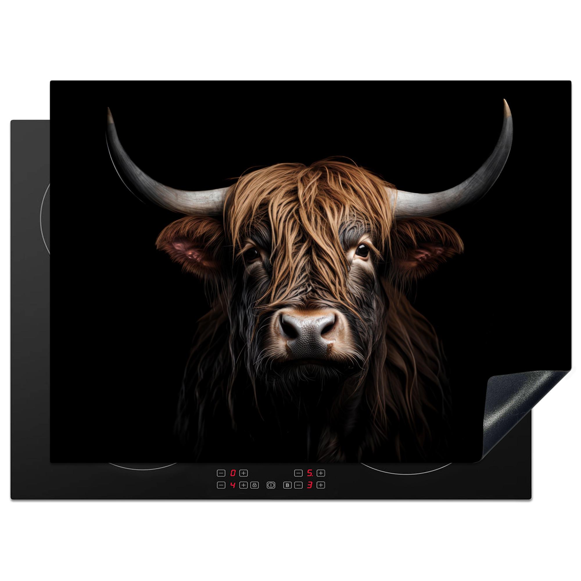 HERDABDECKPLATTE Schottischer Highlander - Porträt - Schwarz - Tier Herdabdeckung Induktionsfeld 70x52 cm - Braun, Kunststoff (70/52/0.2cm) - MuchoWow