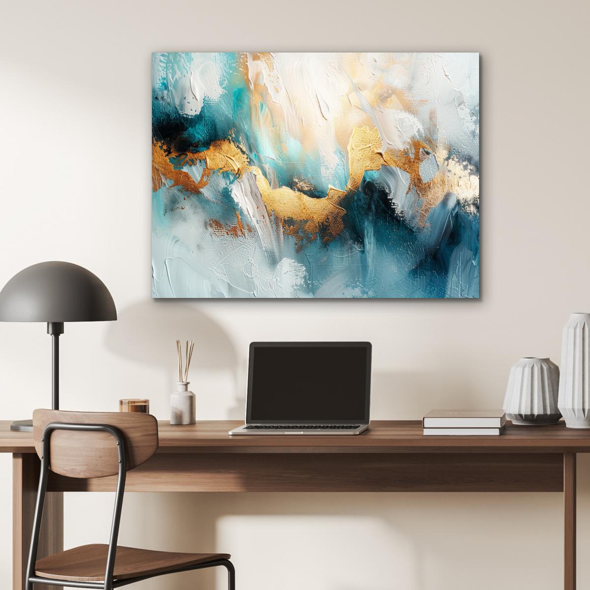 METALLBILD Abstrakt - Kunst - Gold - Blau 80x60 cm - Petrol, Metall (80/60cm) - MuchoWow