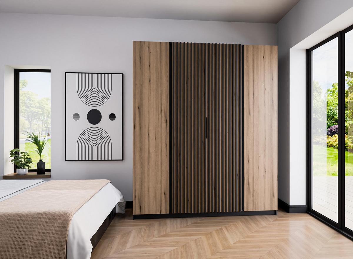 KLEIDERSCHRANK Nehir Korpus Schwarz, Front Eiche Evoke/Schwarz 200 cm - 4T Modern mit 2 Lamellentüren mittig - Eichefarben/Schwarz, Holzwerkstoff/Kunststoff (200/239/61.9cm) - AX Living
