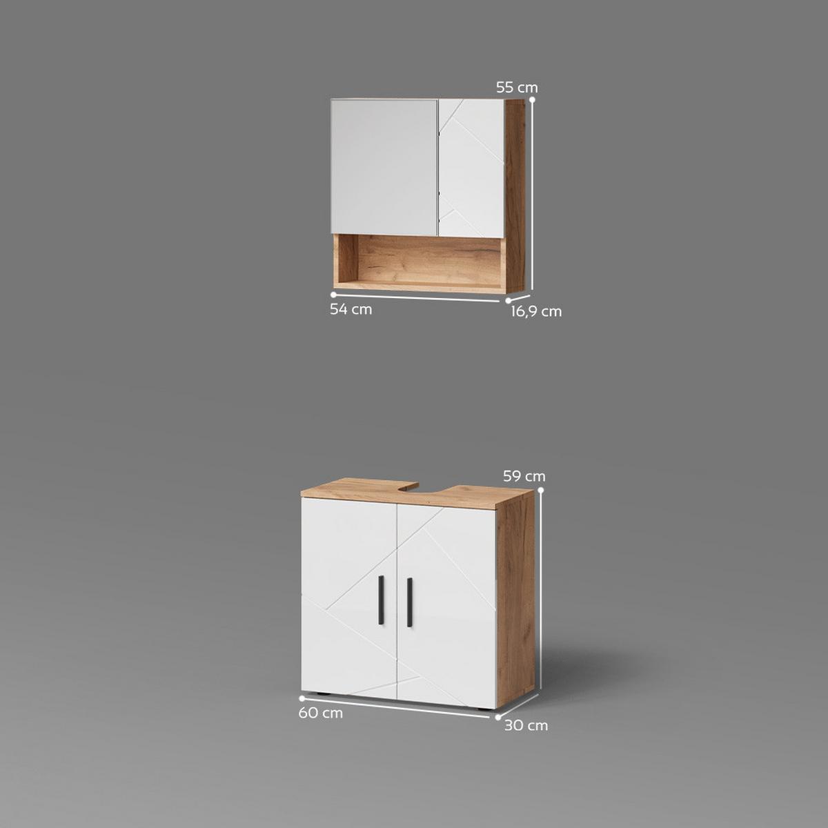 BADMÖBEL-SET Ronco Weiß Hochglanz/Goldkraft Eiche 2 Teile, Unterschrank 60 cm - Honigeiche/Weiß Hochglanz, Holzwerkstoff (60/59/30cm) - Livinity®