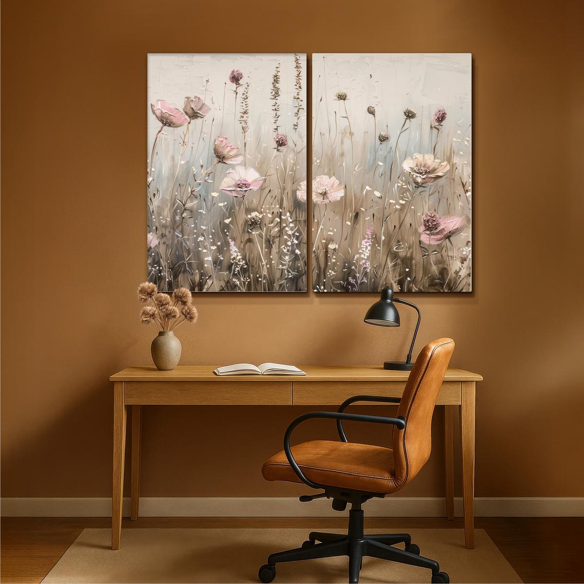 LEINWANDBILD 2er Set Blumen - Beige - Modern - Rosa 160x120 cm - Ecru, Textil (160/120cm) - MuchoWow