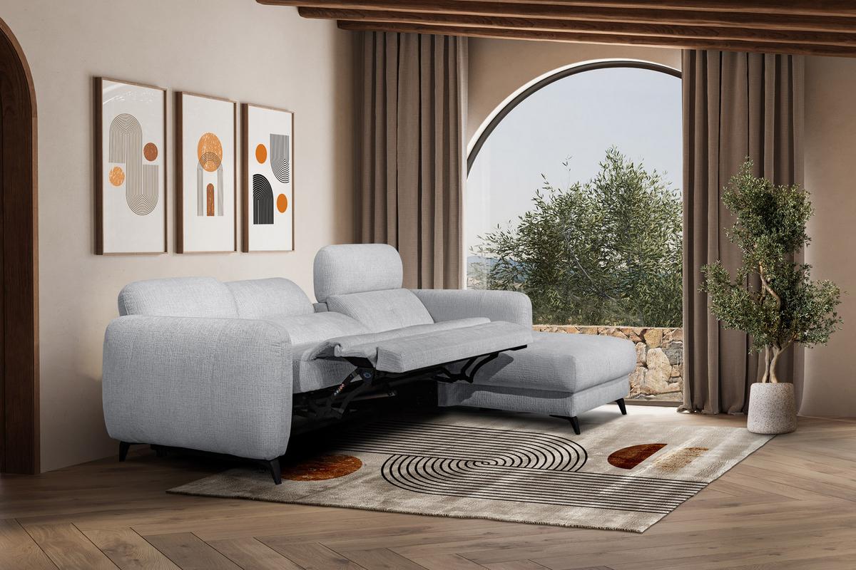 ECKSOFA SVEN 3-Sitzer, 1 Relax XL, verstellbare Kopfstützen, hellgrau - Hellgrau/Schwarz, Holzwerkstoff/Textil (256/163cm) - Wozimo