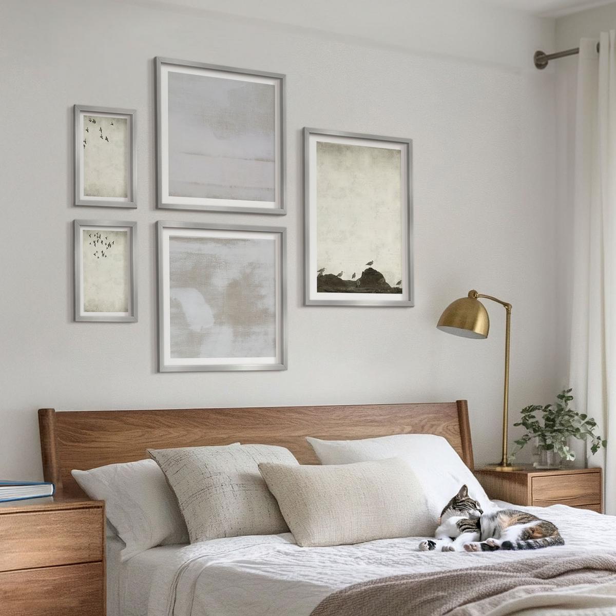 BILDER SET 5er Set - 50x50 cm & 20x30 cm & 40x60 cm Silberner Rahmen - Textur eines Vogelschwarms - Silberfarben, Kunststoff (40/60cm) - TULUP