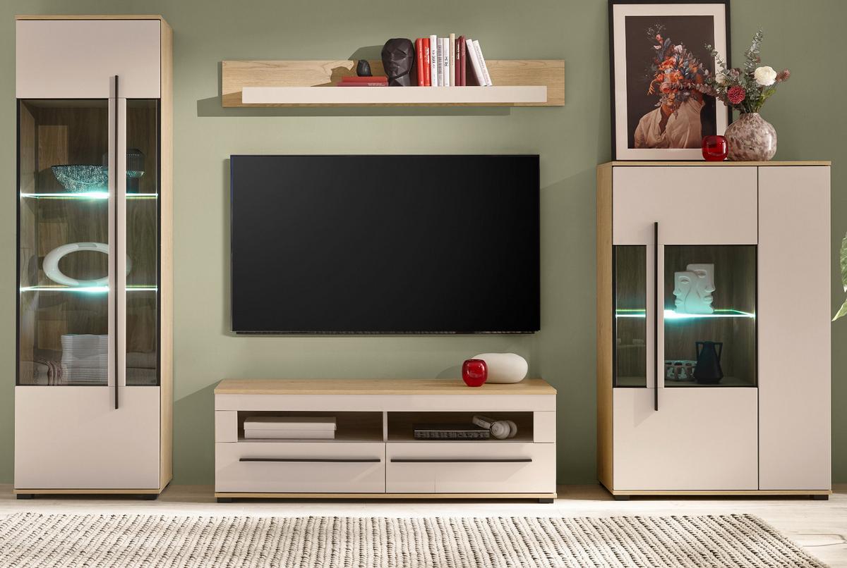 WOHNWAND Kaschmir, Eiche 4-teilig 310 cm, Wohnzimmerschränke mit Soft-Close - Kaschmir/Eichefarben, Glas/Holzwerkstoff (310/200/42cm) - Furn.Design