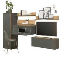 WOHNWAND grau matt, Eiche Wotan 5-teilig 250 cm, Wohnkombination mit Sekretär - Grau, Holzwerkstoff/Kunststoff (250/158/40cm) - Furn.Design
