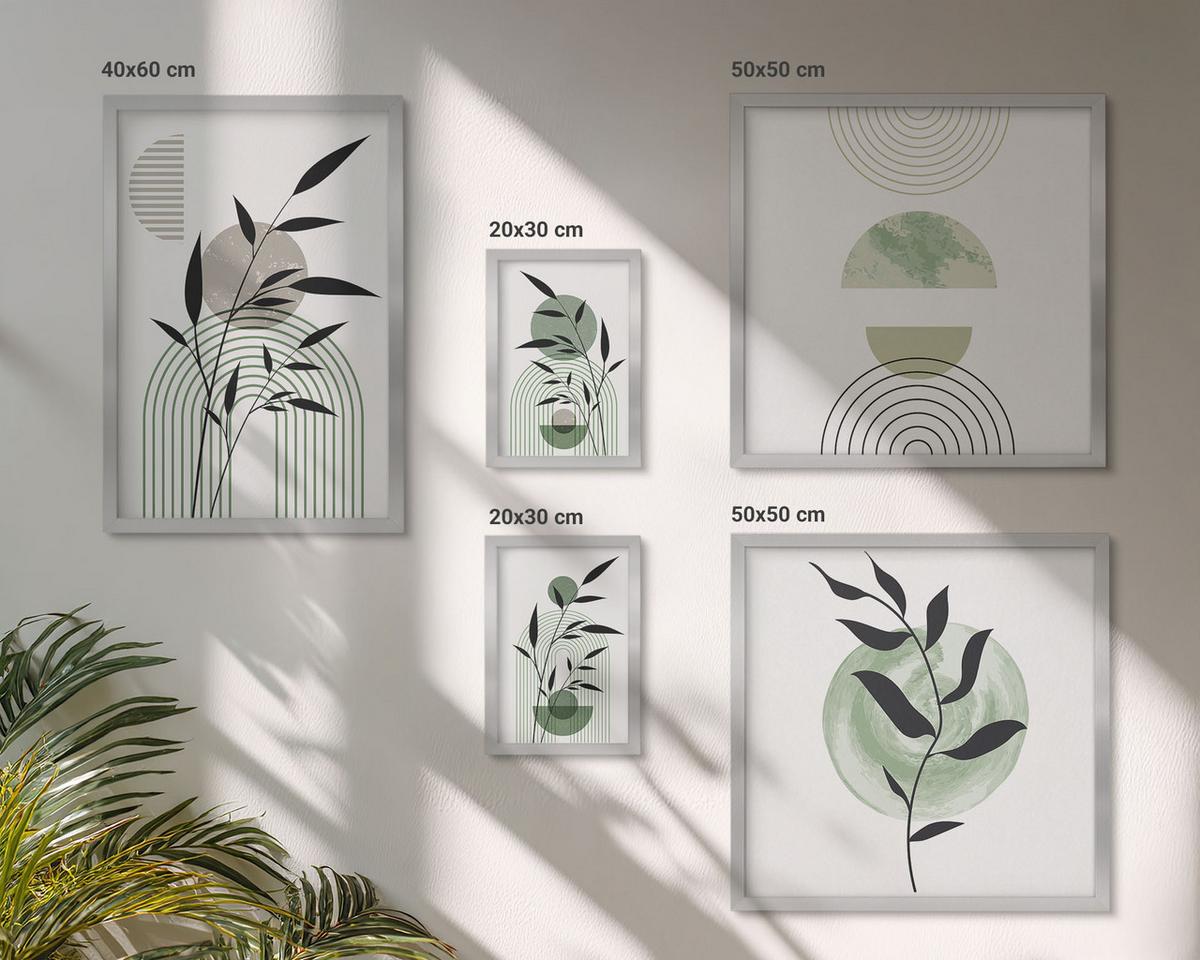 BILDER SET 5er Set - 50x50 cm & 20x30 cm & 40x60 cm Silberner Rahmen - Boho-Pflanzenkompositionen - Silberfarben, Kunststoff (40/60cm) - TULUP