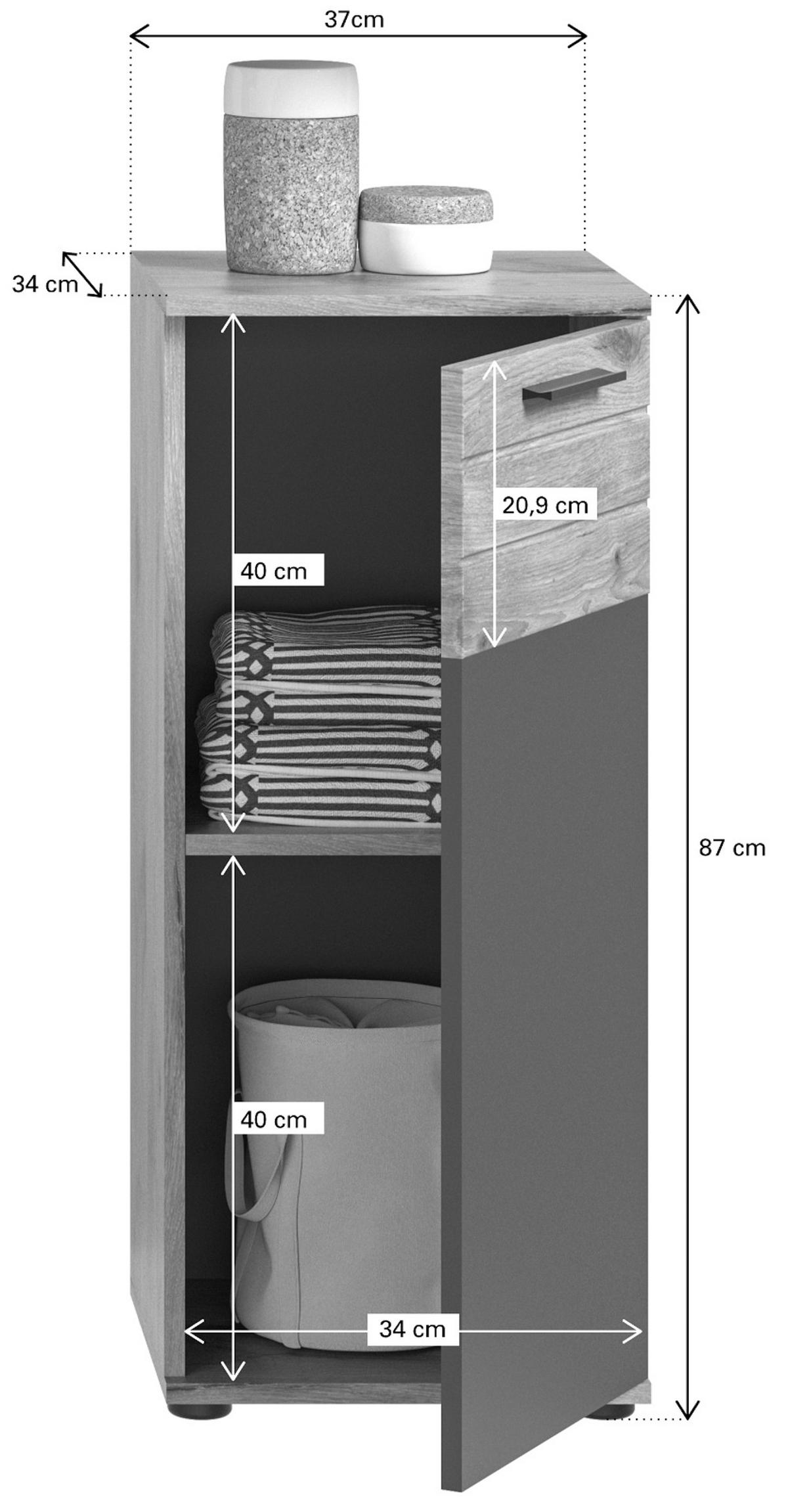 UNTERSCHRANK Eiche grau 37 x 87 cm, Kommode mit Soft-Close, Badmöbel - Eichefarben/Schwarz, Holzwerkstoff/Kunststoff (37/87/34cm) - Inn.Furn
