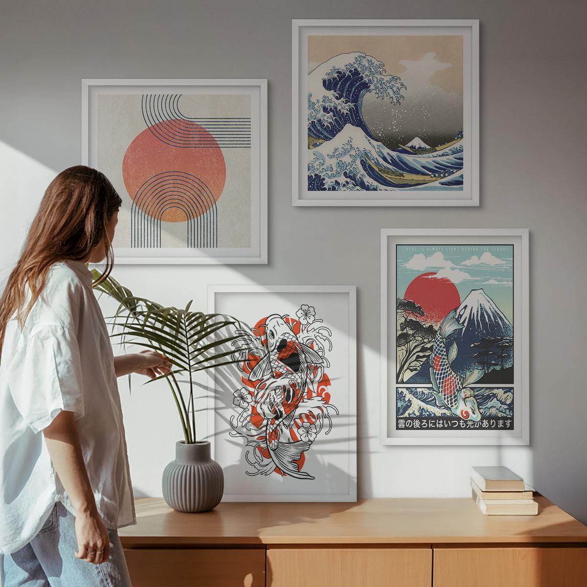 BILDER SET 4er Set - 50x50 cm & 40x60 cm Weißer Rahmen - Illustrationen von Fischbergen, die sich in Japan ausbreiten - Weiß, Kunststoff (50/50cm) - TULUP