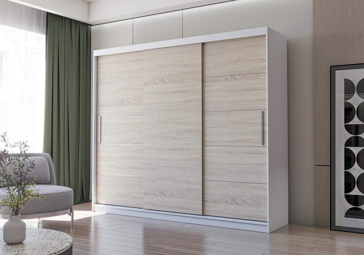 SCHWEBETÜRENSCHRANK ALBA ohne Spiegel Weiß, Sonoma Eiche, ohne LED Beleuchtung 250 cm - Weiß/Sonoma Eiche, Holz (250/218/61cm) - imoebel24