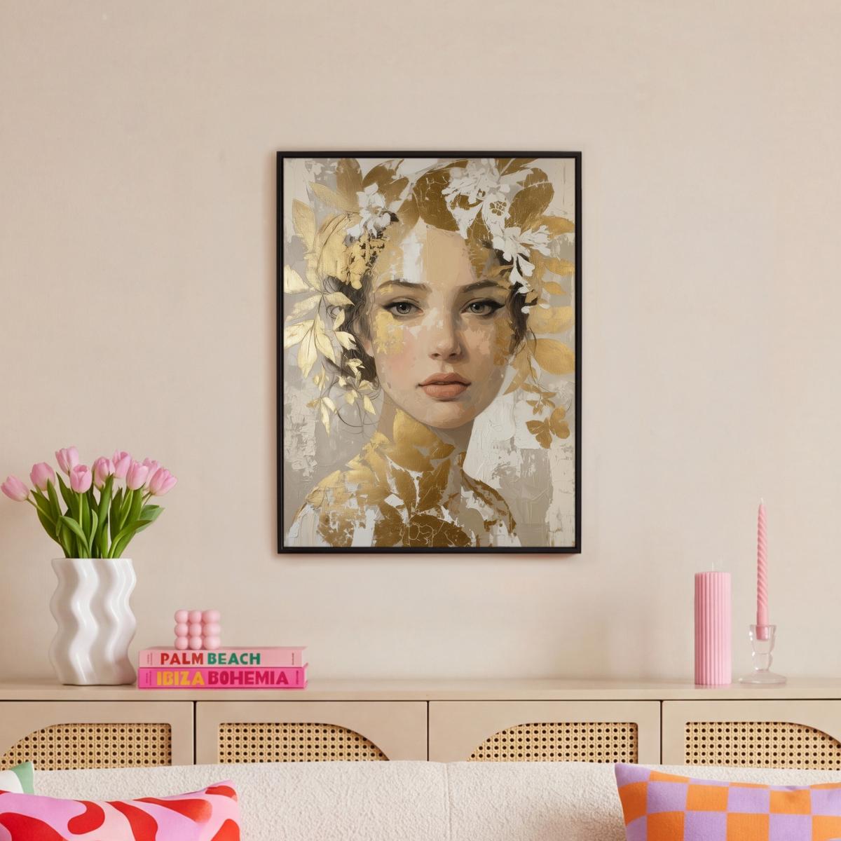 LEINWAND Bilder mit Rahmen - Gesicht - Frau - Blätter - Gold - 60x80 - Beige, Textil (60/80cm) - MuchoWow