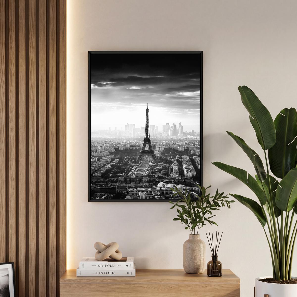 LEINWAND Bilder mit Rahmen - Paris - Skyline - Eiffelturm - Stadt - Wolken - 60x80 - Dunkelgrau, Textil (60/80cm) - MuchoWow