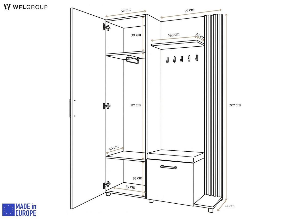 GARDEROBE Linaro mit Spiegel, Sitzbank in Lamellen-Optik 137/207/42 cm, Links - Schwarz/Weiß, Holzwerkstoff (137/207/42cm) - WFL GROUP