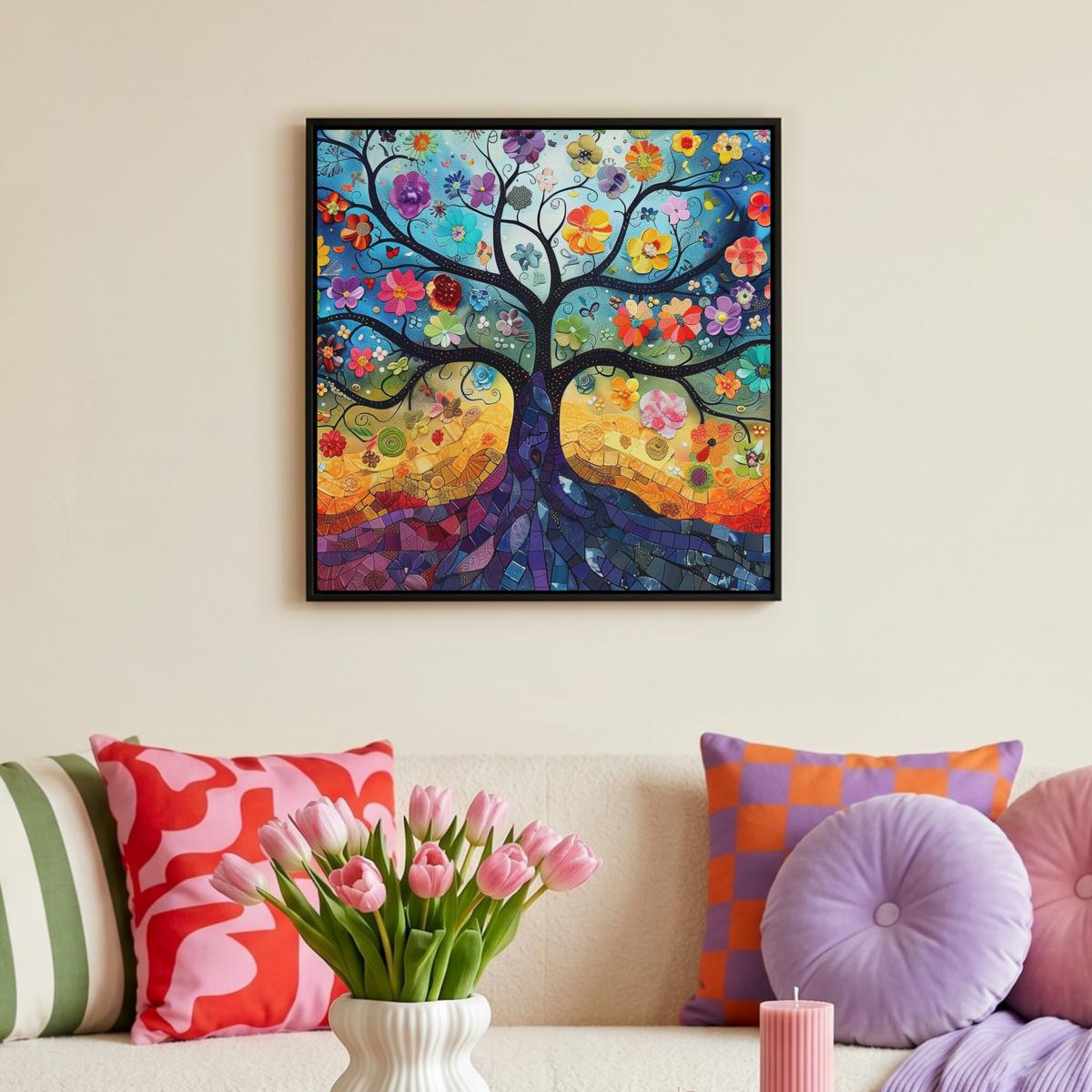 LEINWAND Bilder mit Rahmen - Kunst - Baum des Lebens - Blumen - Hippie - 50x50 - Dunkelblau, Textil (50/50cm) - MuchoWow