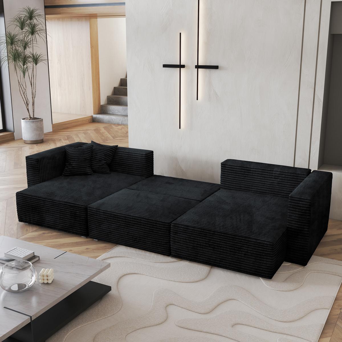 WOHNLANDSCHAFT SARMO Schwarz Kordstoff mit Schlaffunktion - Schwarz/Grau, Holz/Kunststoff (347/90/148cm) - MASSENO