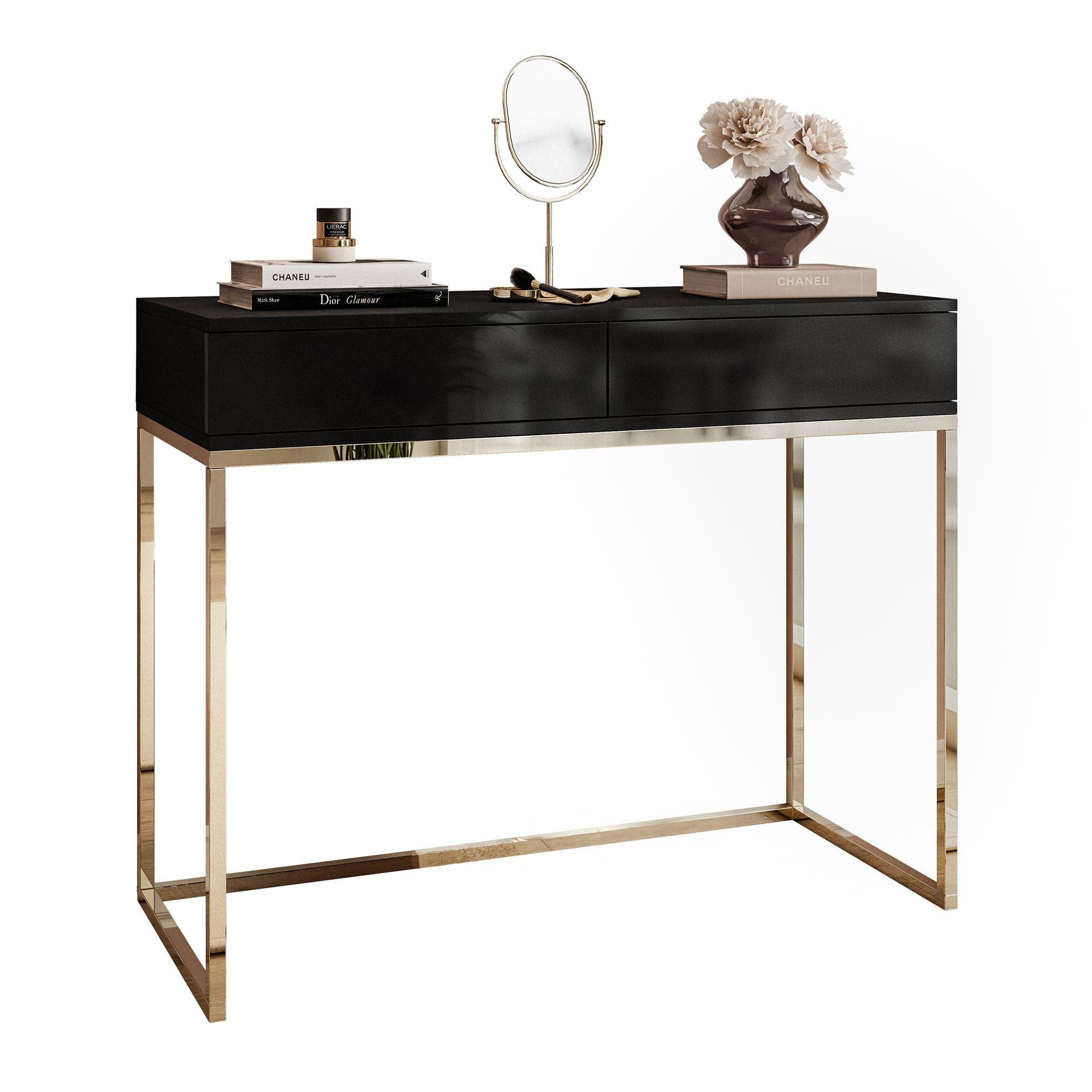 KONSOLE BLANCO mit Schubladen GOLD CHROM Schwarz Hochglanz PUSH OPEN - Schwarz Hochglanz/Goldfarben, Holzwerkstoff (42/100/81cm) - Lookway