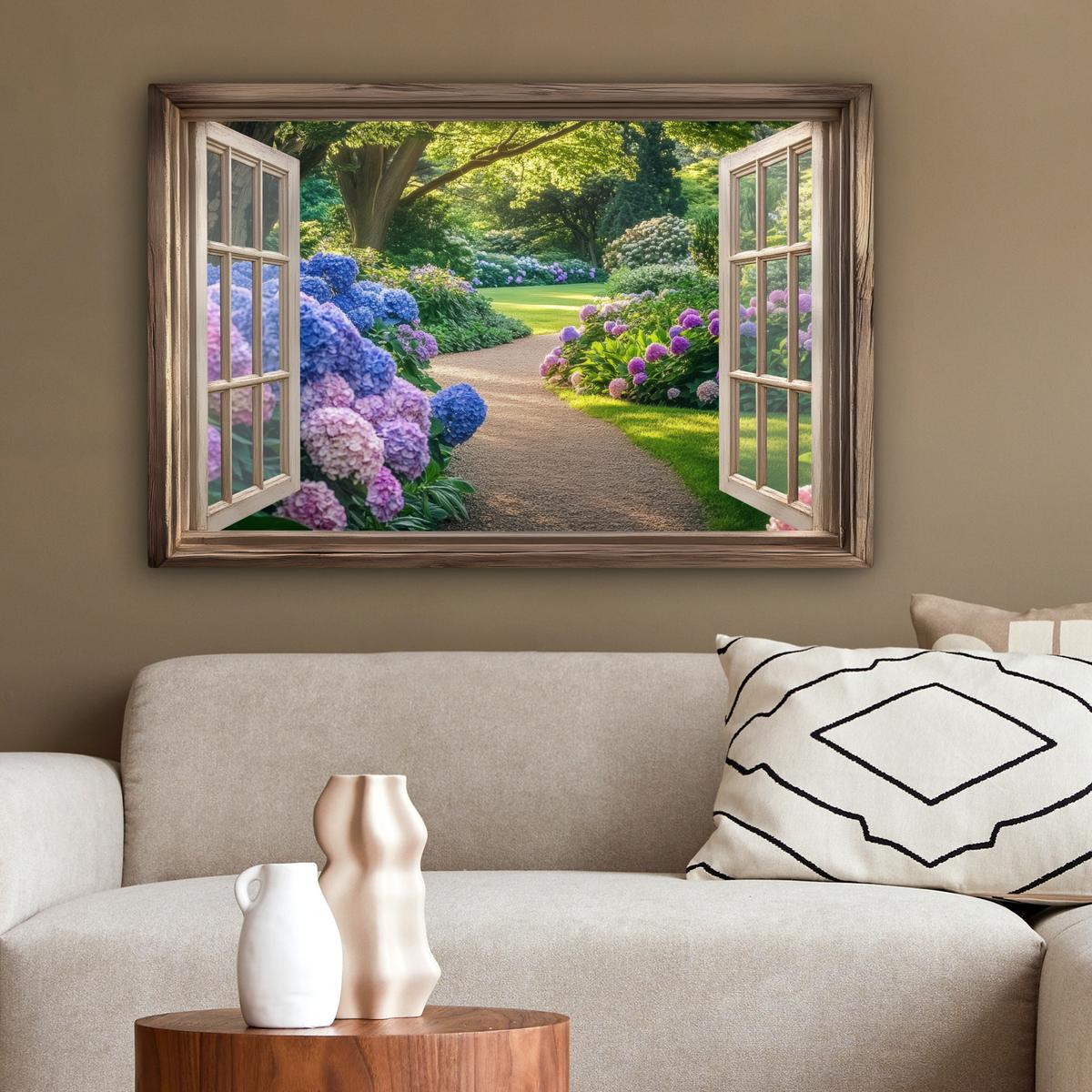 LEINWANDBILD Aussicht - Garten - Fenster - Hortensie - Blumen Wanddeko 90x60 cm - Pastellblau, Textil (90/60cm) - MuchoWow