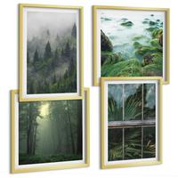 BILDER SET 4er Set - 50x50 cm & 40x60 cm Goldrahmen - Waldnebel, Fluss, Gewächshauspflanzen - Goldfarben, Kunststoff (50/50cm) - TULUP