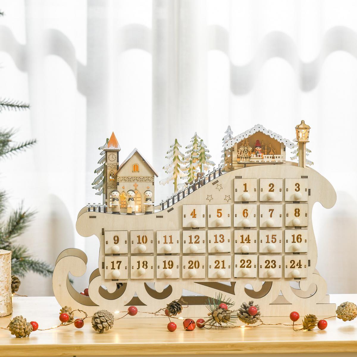 ADVENTSKALENDER Weihnachtskalender 24 Schubladen mit LED Schlitten-From - Naturfarben, Holz (10/31/45cm) - HOMCOM