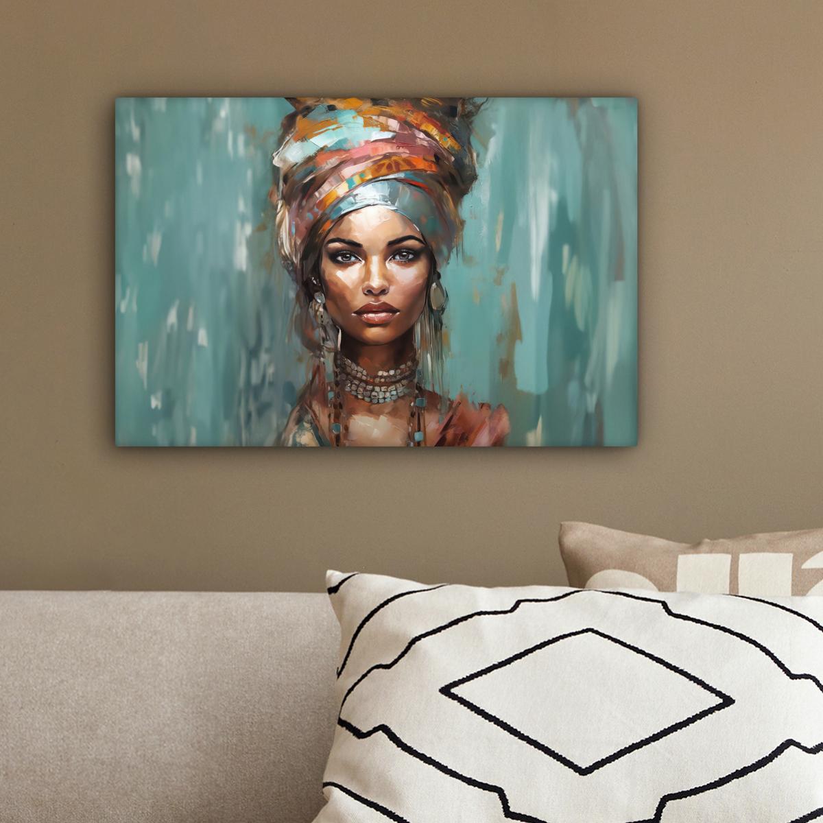 LEINWANDBILD Frau - Kunst - Schmuck - Porträt Deko Schlafzimmer 30x20 cm - Blaugrau, Textil (30/20cm) - MuchoWow
