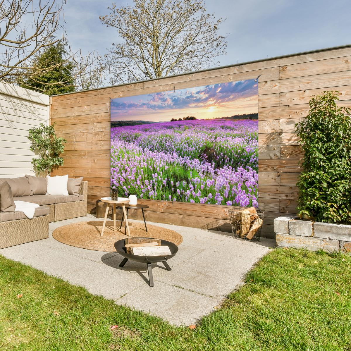 GARTENPOSTER Blumen - Lavendel - Lila - Himmel - Sonnenuntergang - Wiese - Natur Poster für draußen 180x120 cm - Flieder, Kunststoff (180/120/0.2cm) - OnlyWow
