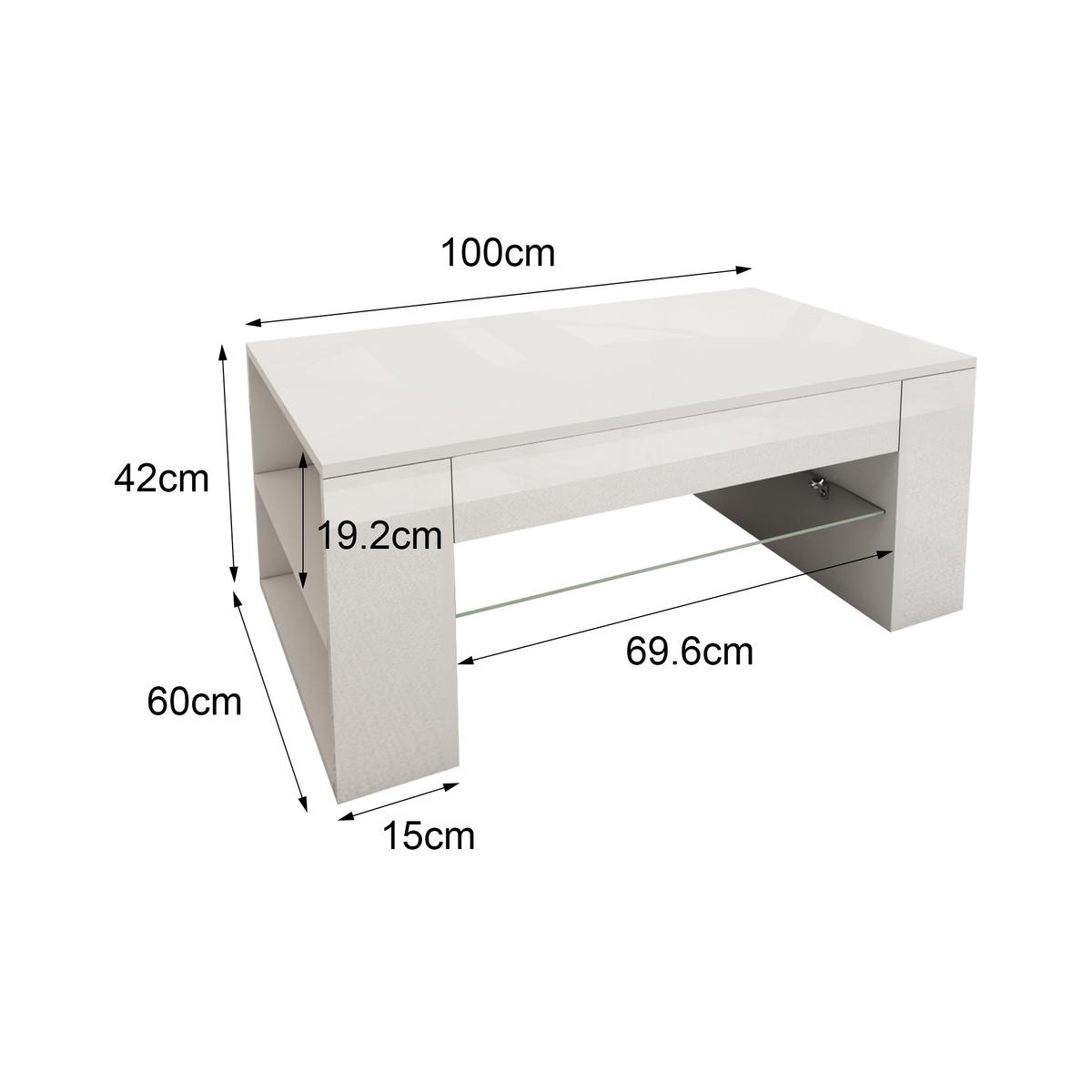 COUCHTISCH in hochglanz Weiß 100x42x60 cm aus Holz Glasablage - Weiß, Holzwerkstoff (60/100/42cm) - ML-DESIGN