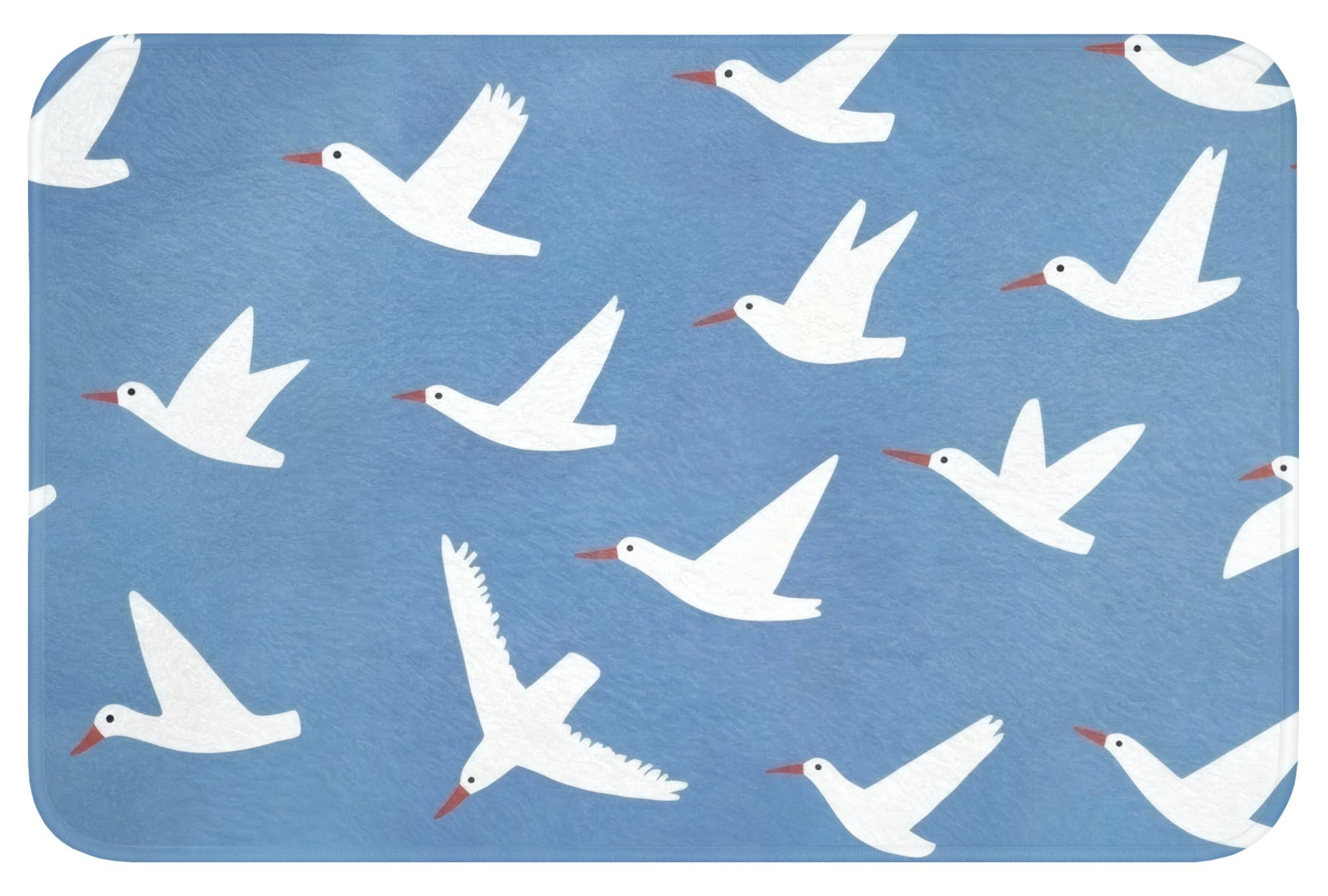 BADEMATTE Vögel - Weiß - Muster Rutschfest 60x40 cm - Blau, Textil (60/40cm) - OnlyWow