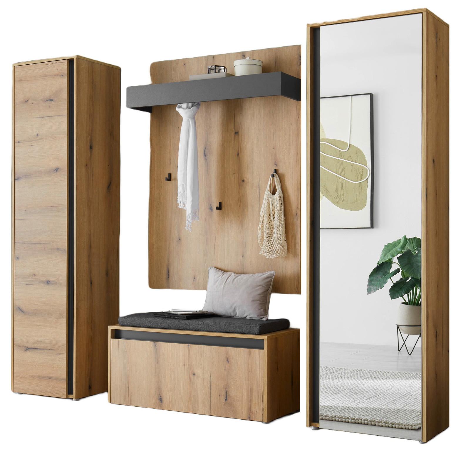 GARDEROBE-SET 5-teilig Evoke Eiche und Grau 230 cm, Flurgarderobe Komplett-Set inkl. Sitzkissen - Eichefarben/Schwarz, Glas/Holzwerkstoff (230/200/200cm) - Furn.Design