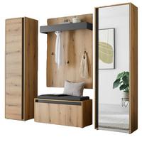 GARDEROBE-SET 5-teilig Evoke Eiche und Grau 230 cm, Flurgarderobe Komplett-Set inkl. Sitzkissen - Eichefarben/Schwarz, Glas/Holzwerkstoff (230/200/200cm) - Furn.Design