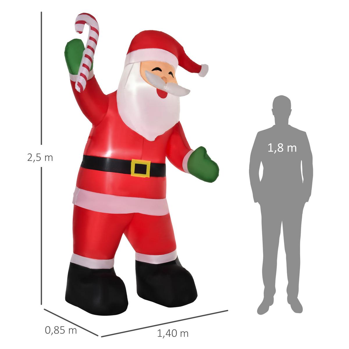 AUFBLASBARER Weihnachtsmann mit Zuckerstange 250 cm Santa Claus Geschenk LED - Multicolor, Kunststoff (85/250/140cm) - HOMCOM