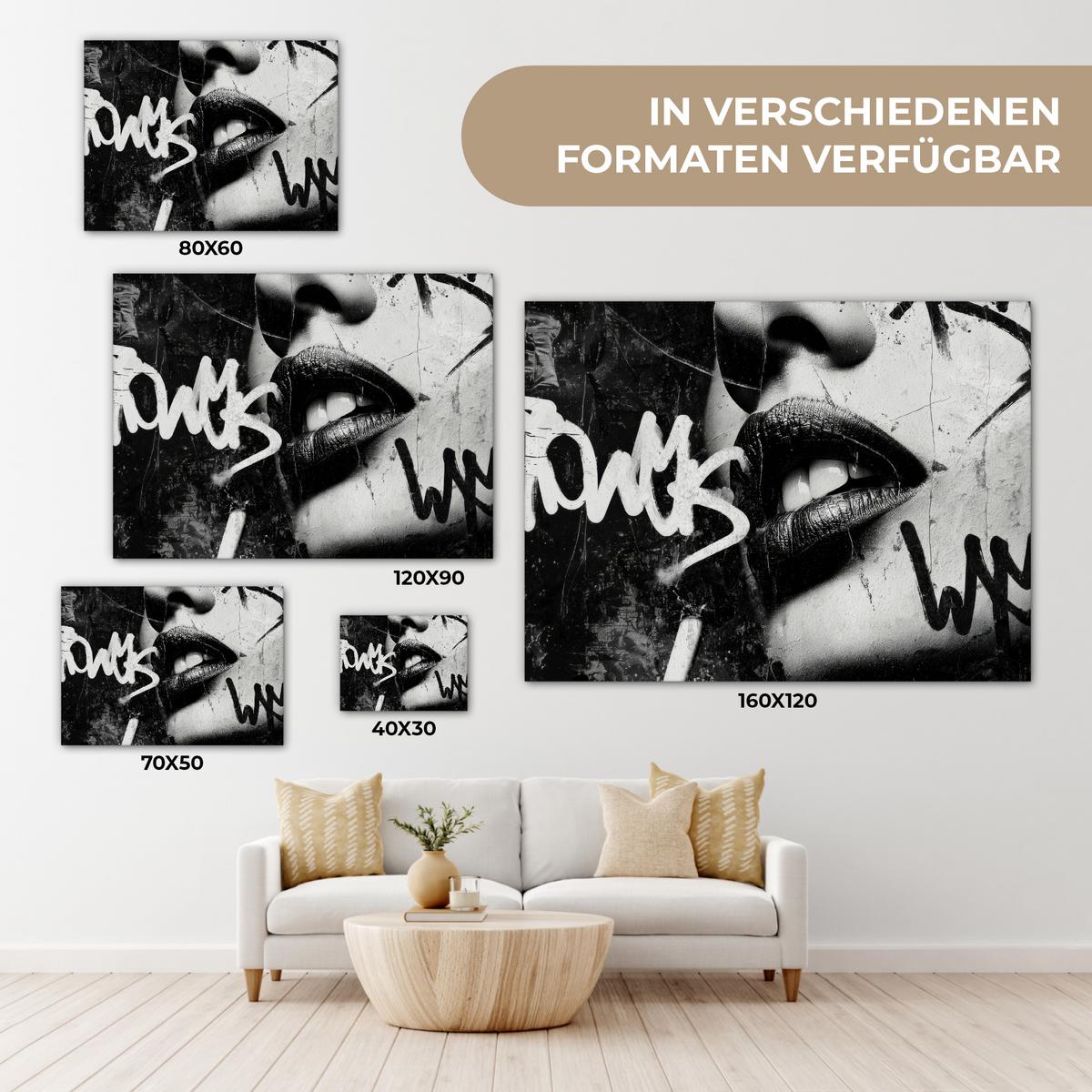 LEINWANDBILD Gesicht - Mund - Graffiti - Schwarz Wandbild 40x30 cm - Schwarz, Textil (40/30cm) - MuchoWow